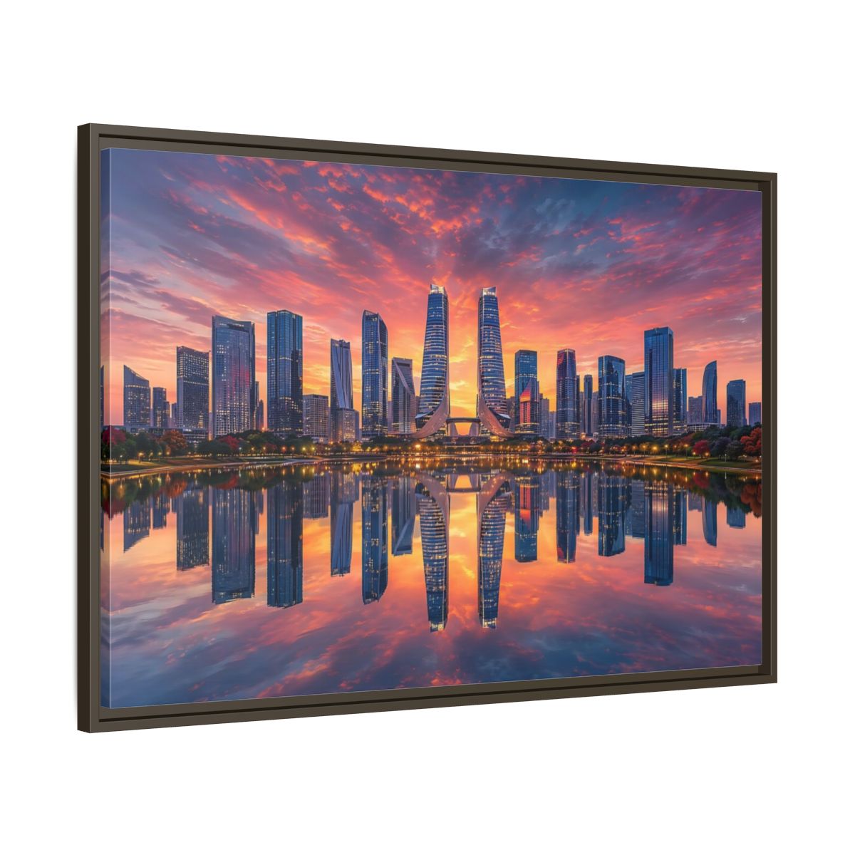 Main Mockup. Nature City Skyline Vibrant Cityscape shown as stretched canvas wall art
