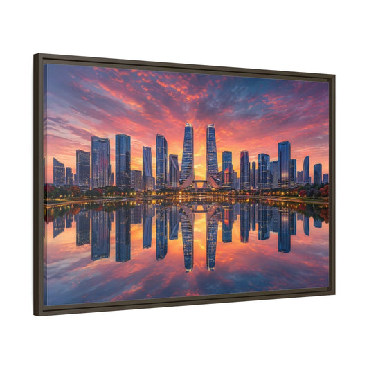 Main Mockup. Nature City Skyline Vibrant Cityscape shown as stretched canvas wall art