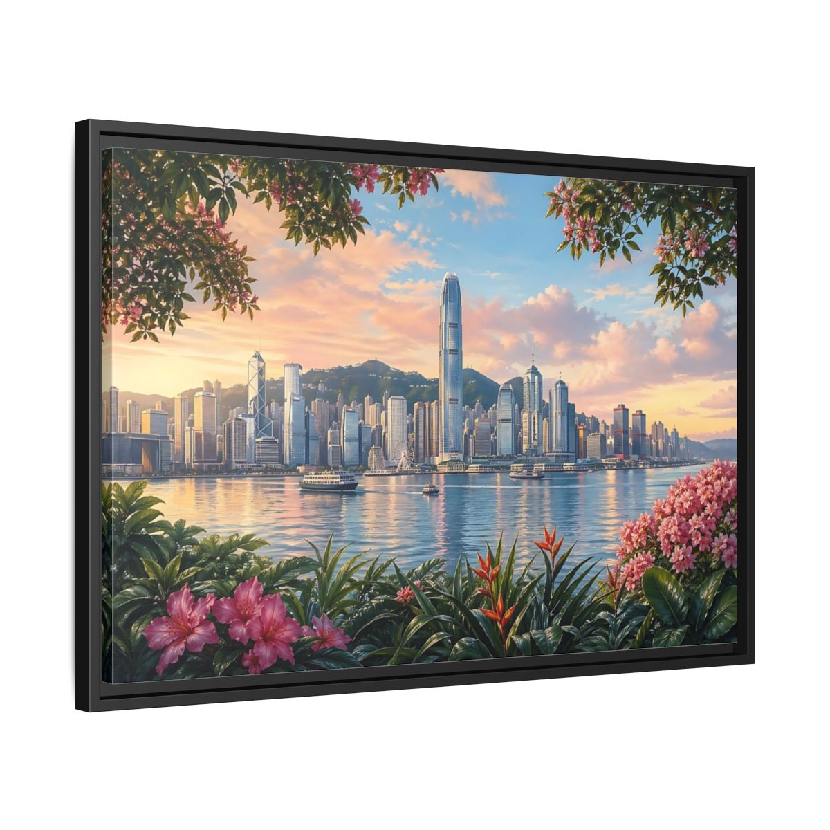 Side Mockup 14. Nature City Skyline Vibrant Cityscape shown as stretched canvas wall art