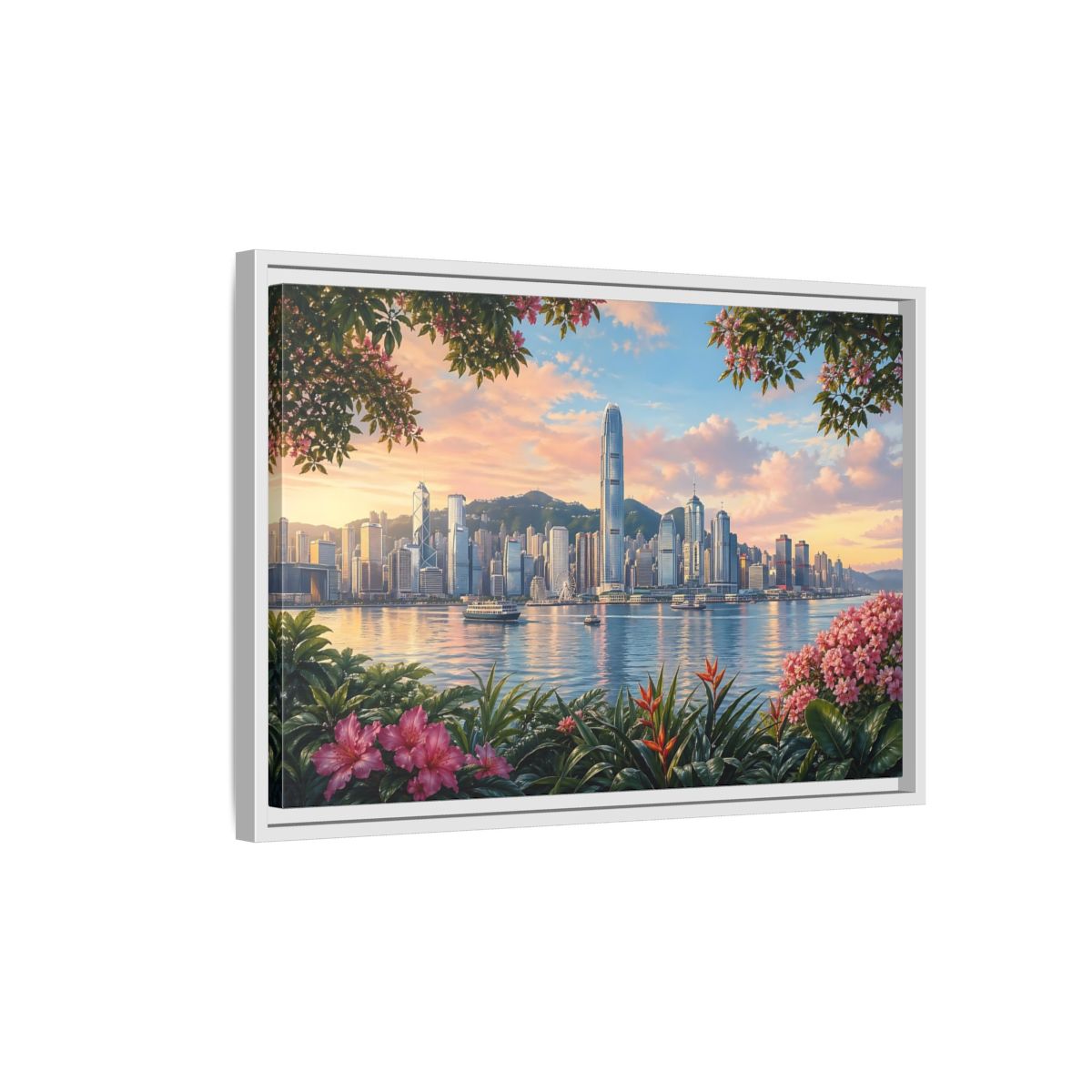 Side Mockup 1. Nature City Skyline Vibrant Cityscape shown as stretched canvas wall art