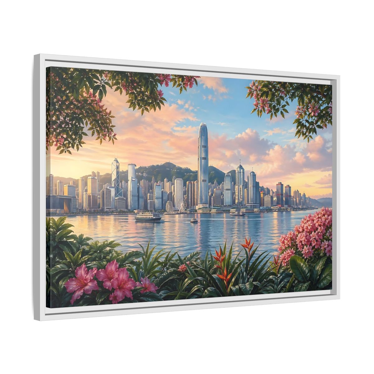 Side Mockup 10. Nature City Skyline Vibrant Cityscape shown as stretched canvas wall art