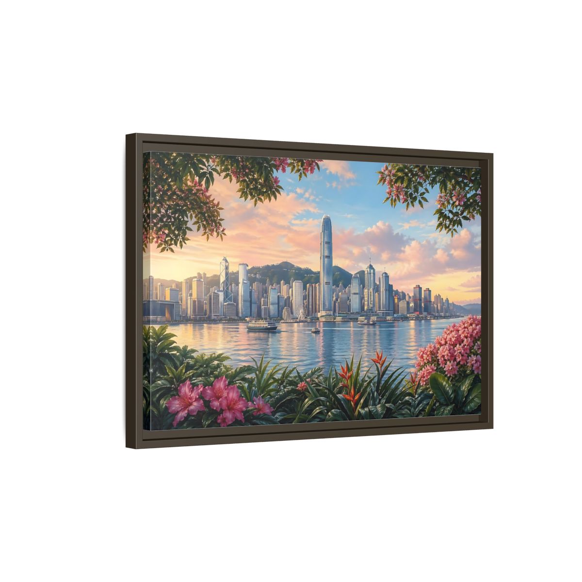 Side Mockup 2. Nature City Skyline Vibrant Cityscape shown as stretched canvas wall art