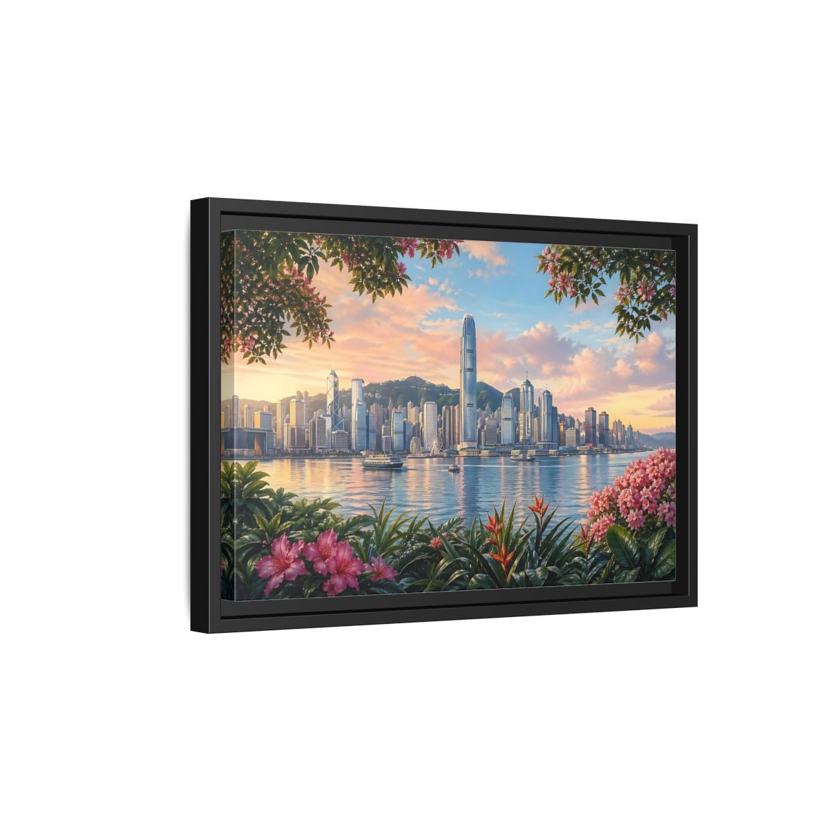 Side Mockup 6. Nature City Skyline Vibrant Cityscape shown as stretched canvas wall art