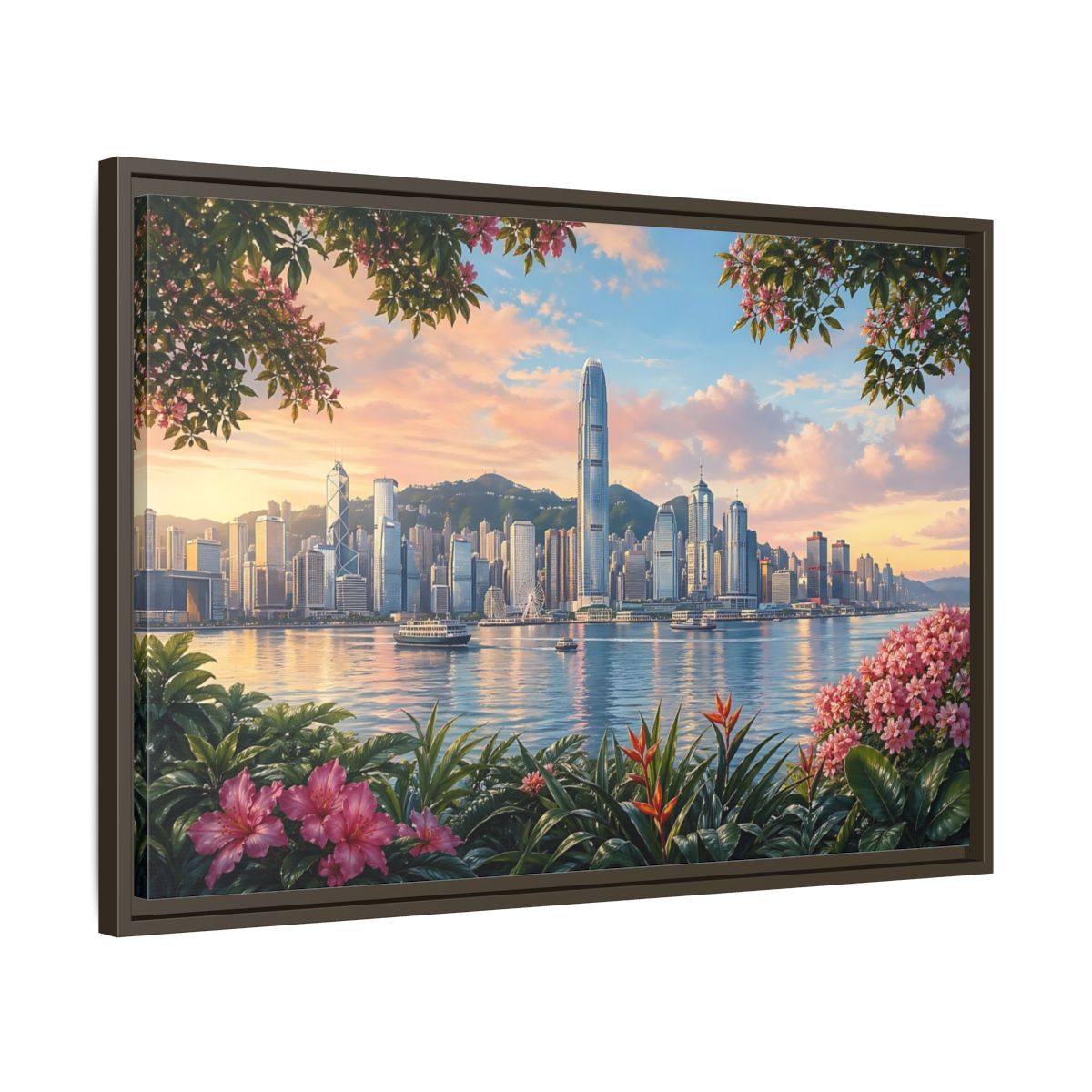 Side Mockup 11. Nature City Skyline Vibrant Cityscape shown as stretched canvas wall art