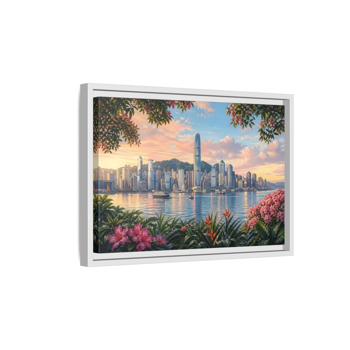 Side Mockup 4. Nature City Skyline Vibrant Cityscape shown as stretched canvas wall art