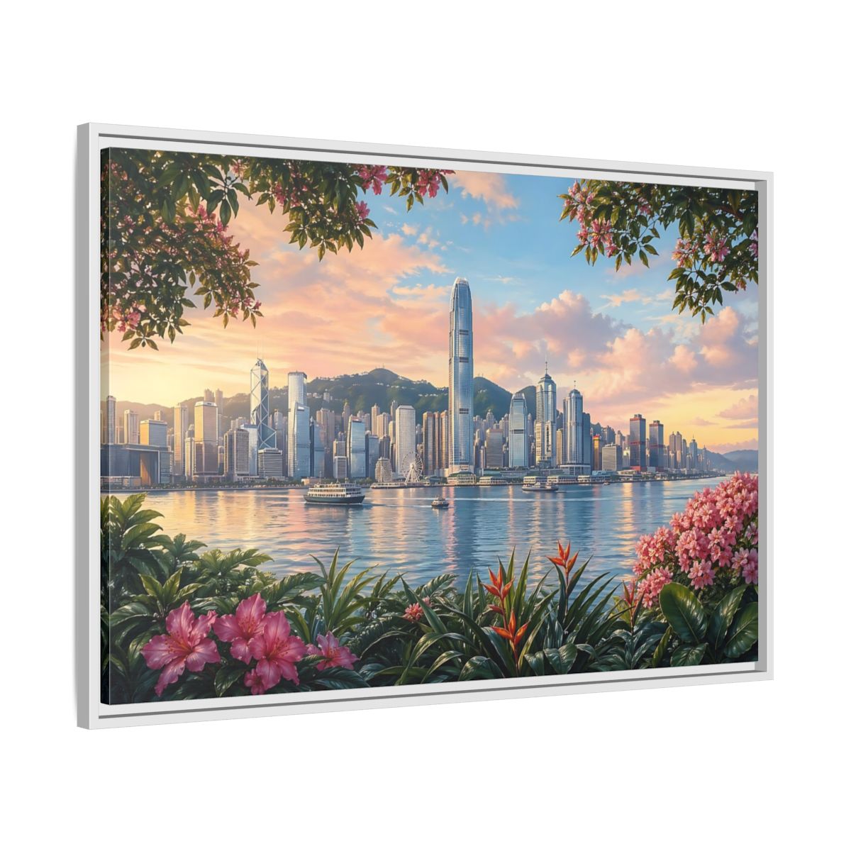 Side Mockup 9. Nature City Skyline Vibrant Cityscape shown as stretched canvas wall art