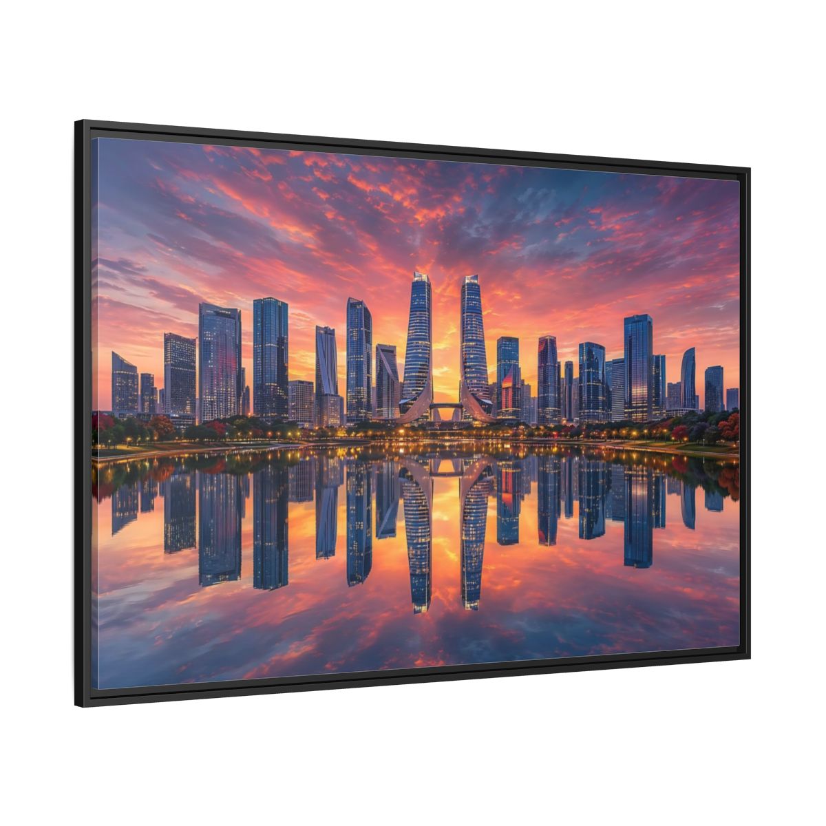 Side Mockup 12. Nature City Skyline Vibrant Cityscape shown as stretched canvas wall art