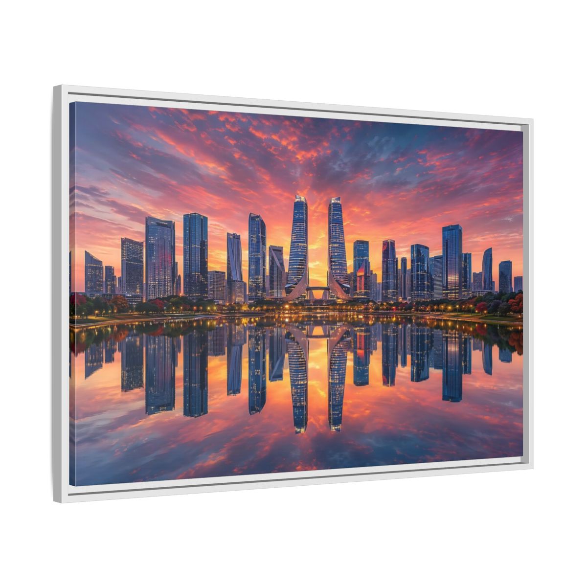 Side Mockup 9. Nature City Skyline Vibrant Cityscape shown as stretched canvas wall art