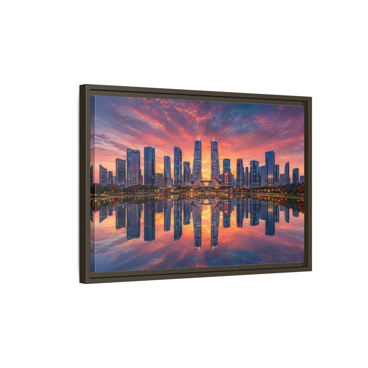 Side Mockup 2. Nature City Skyline Vibrant Cityscape shown as stretched canvas wall art