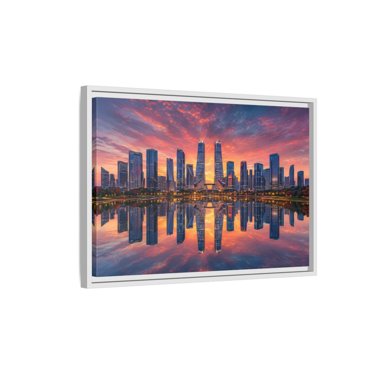 Side Mockup 1. Nature City Skyline Vibrant Cityscape shown as stretched canvas wall art