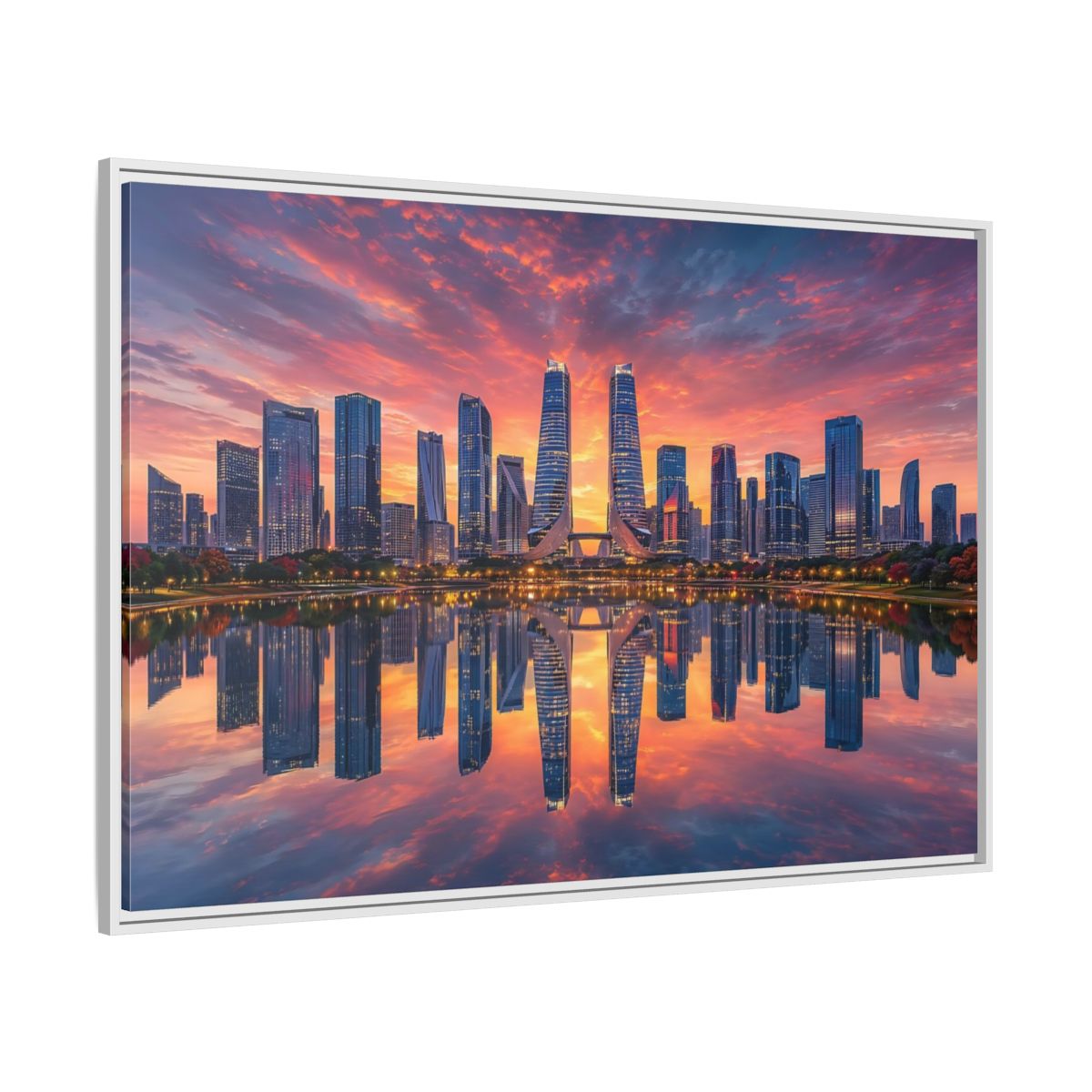 Side Mockup 7. Nature City Skyline Vibrant Cityscape shown as stretched canvas wall art