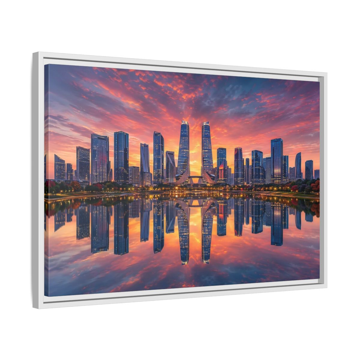 Side Mockup 10. Nature City Skyline Vibrant Cityscape shown as stretched canvas wall art
