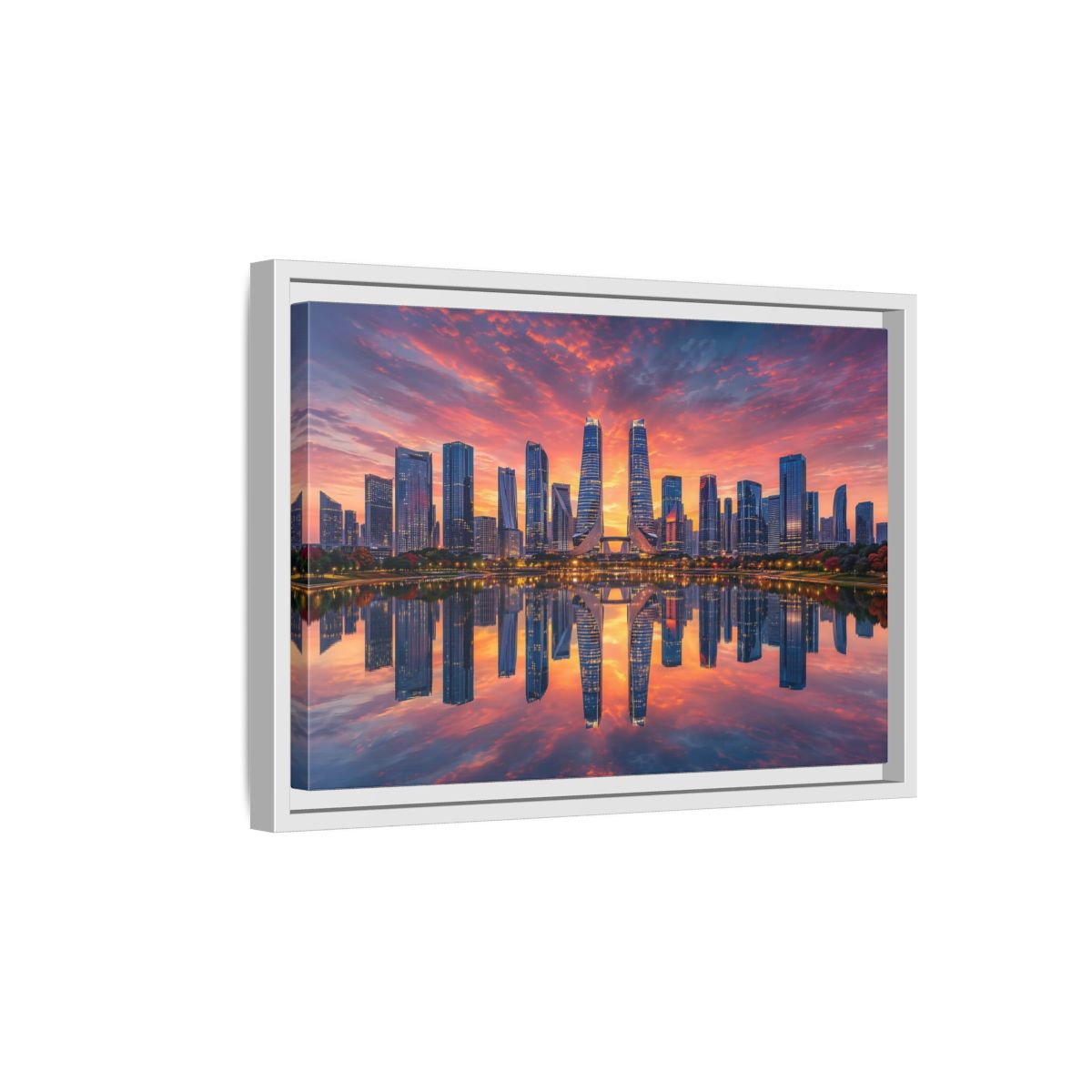 Side Mockup 4. Nature City Skyline Vibrant Cityscape shown as stretched canvas wall art