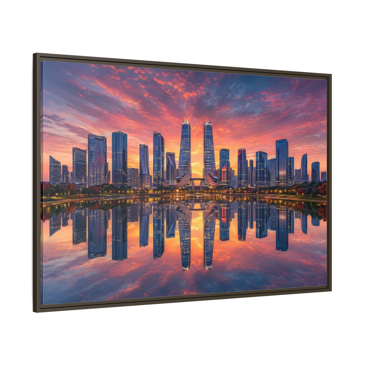 Side Mockup 8. Nature City Skyline Vibrant Cityscape shown as stretched canvas wall art