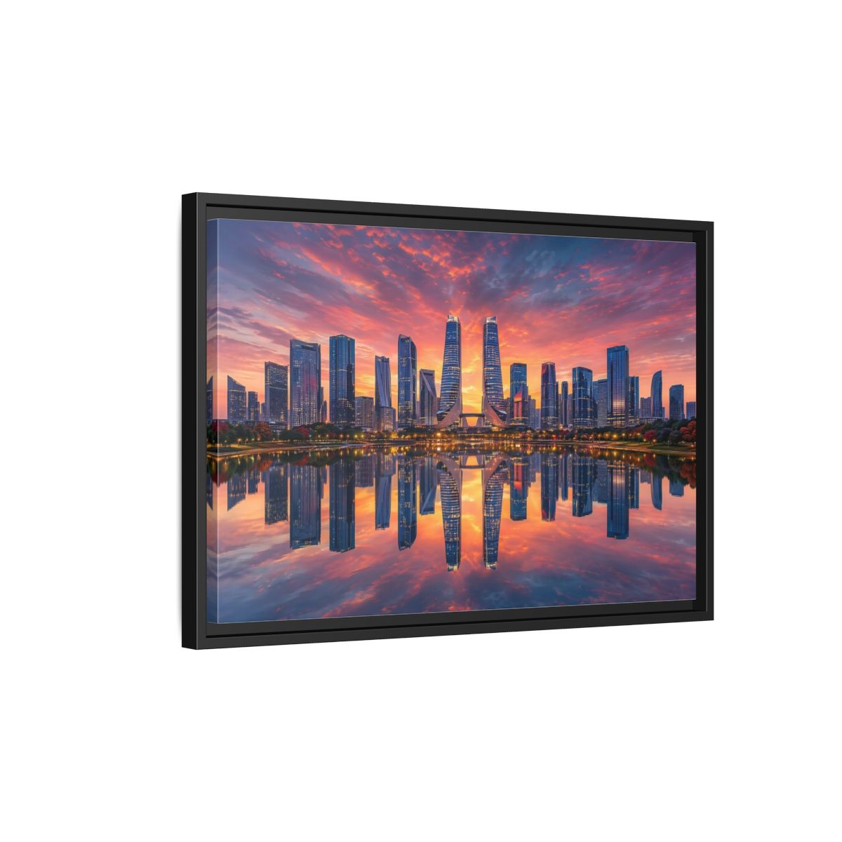 Side Mockup 3. Nature City Skyline Vibrant Cityscape shown as stretched canvas wall art