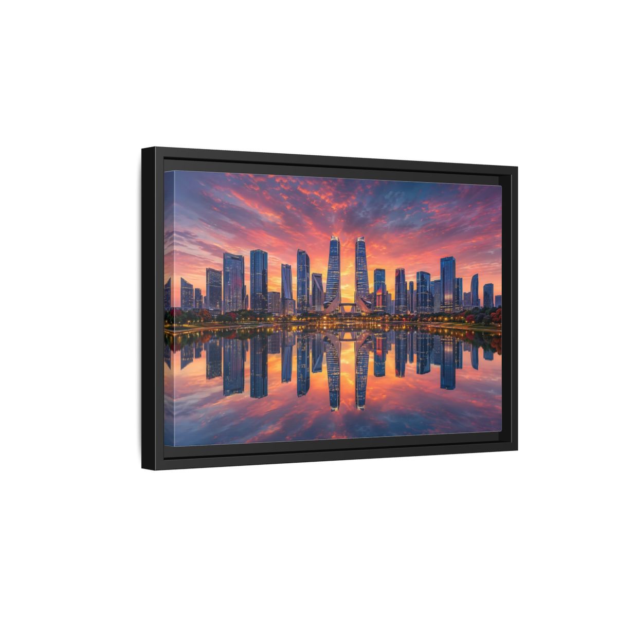 Side Mockup 6. Nature City Skyline Vibrant Cityscape shown as stretched canvas wall art