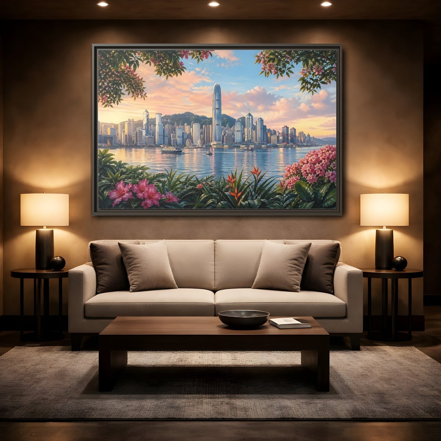 Mockup 2. Nature City Skyline Vibrant Cityscape shown as stretched canvas wall art