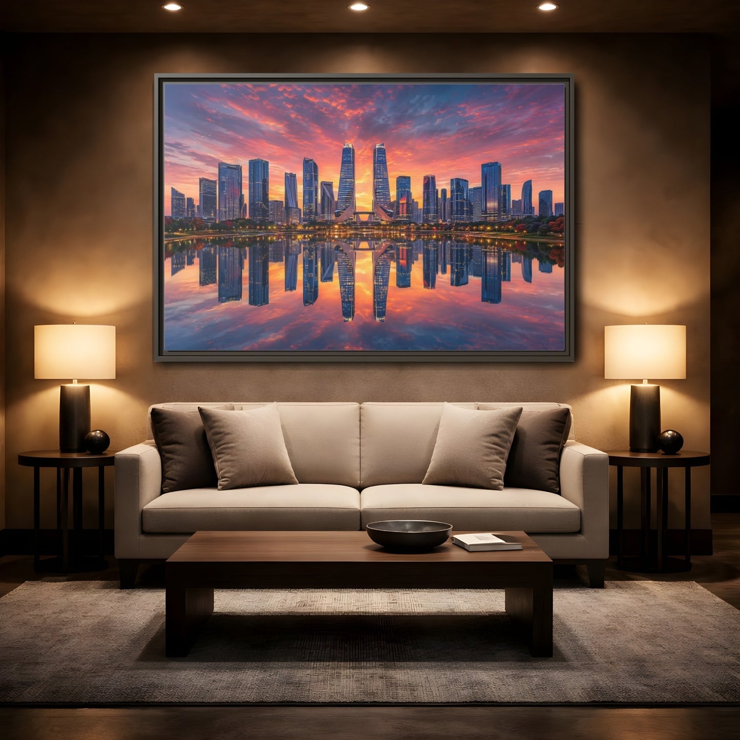 Mockup 2. Nature City Skyline Vibrant Cityscape shown as stretched canvas wall art