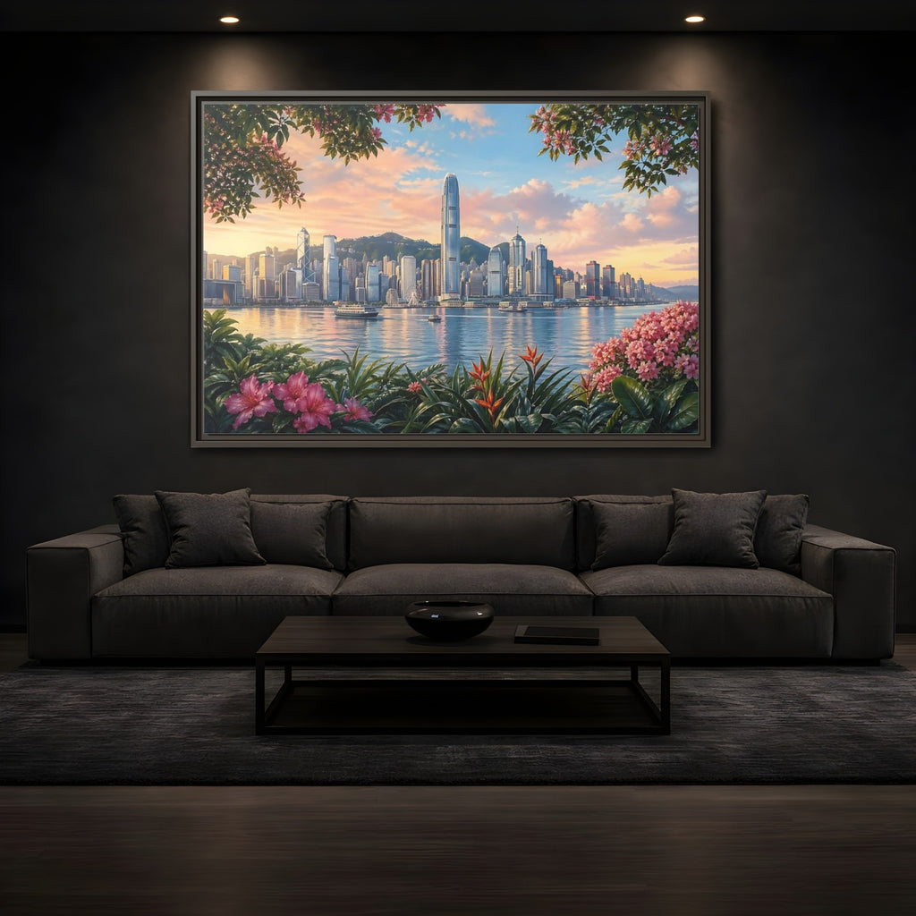 Mockup 3. Nature City Skyline Vibrant Cityscape shown as stretched canvas wall art