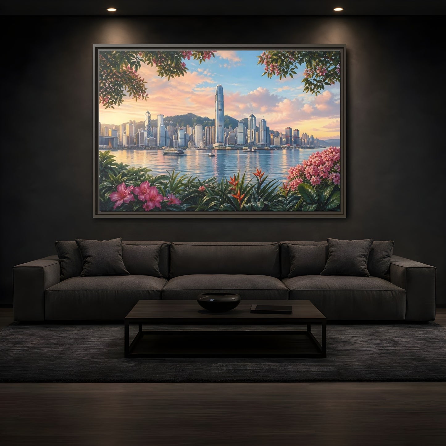 Mockup 3. Nature City Skyline Vibrant Cityscape shown as stretched canvas wall art