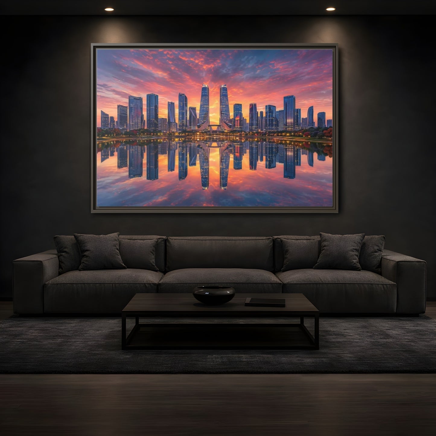 Mockup 3. Nature City Skyline Vibrant Cityscape shown as stretched canvas wall art