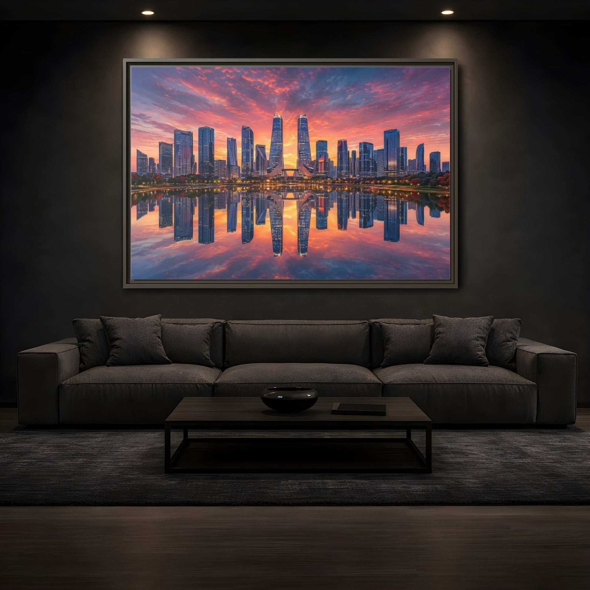 Mockup 3. Nature City Skyline Vibrant Cityscape shown as stretched canvas wall art