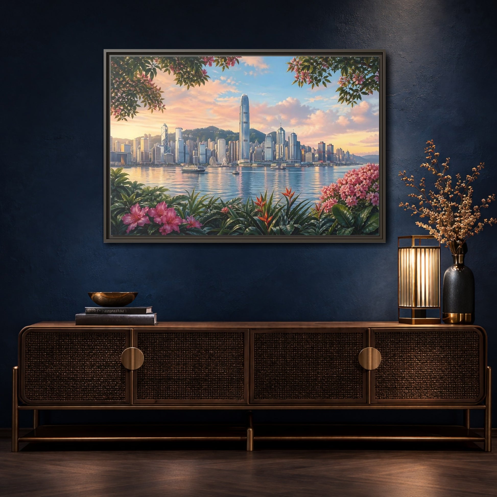 Mockup 4. Nature City Skyline Vibrant Cityscape shown as stretched canvas wall art