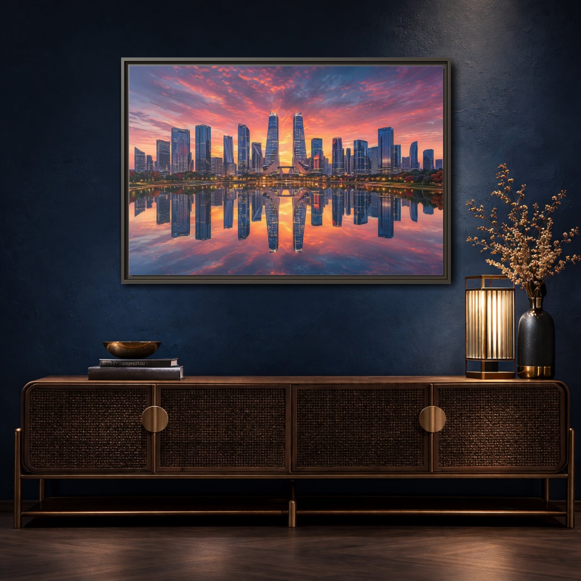 Mockup 4. Nature City Skyline Vibrant Cityscape shown as stretched canvas wall art