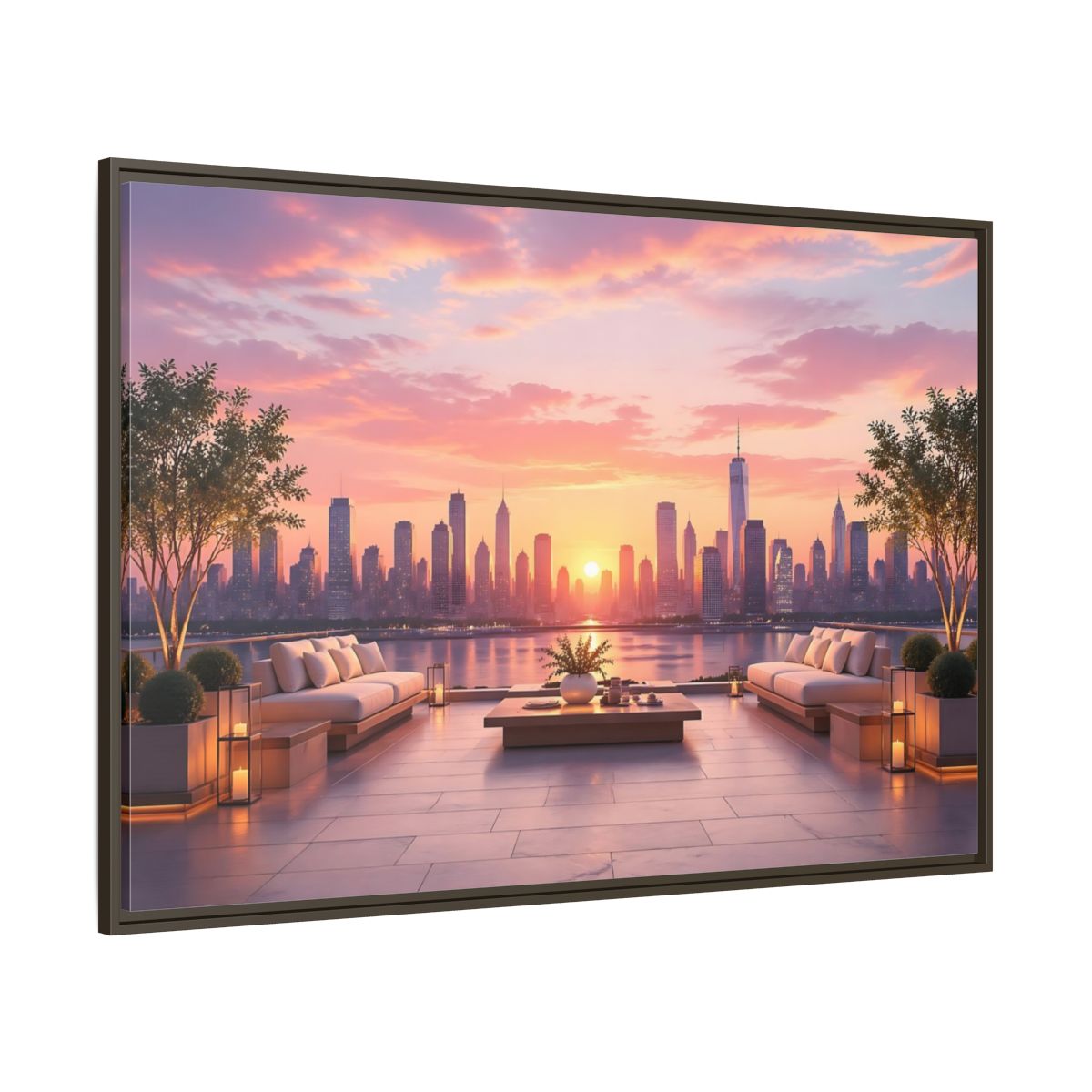 Side Mockup 8. Nature Cityscape Sunset Pink Sunset Cityscape shown as stretched canvas wall art