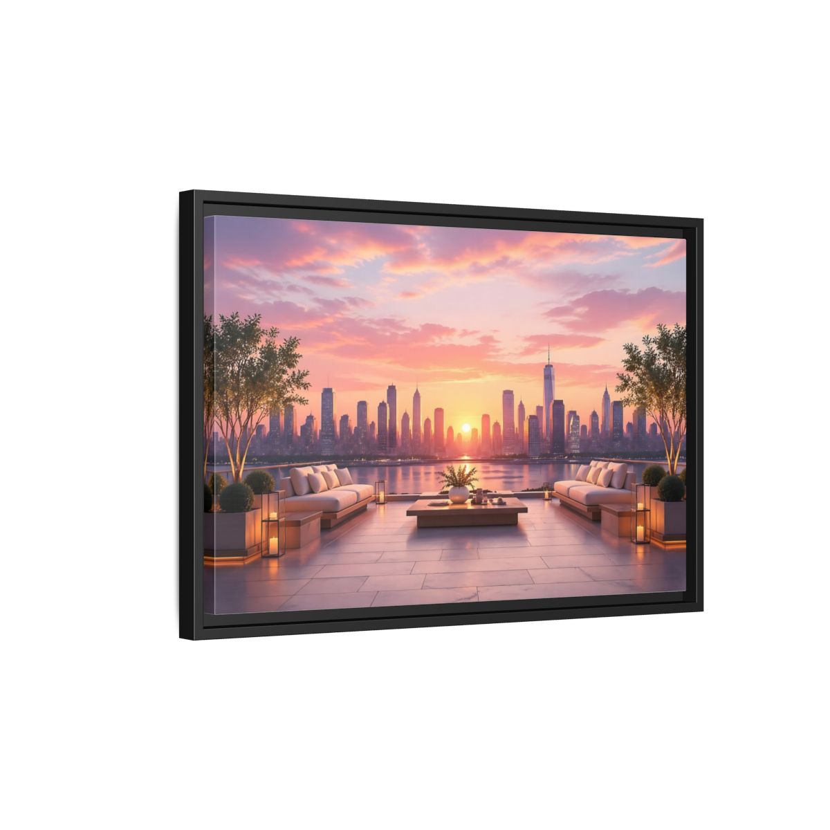 Side Mockup 3. Nature Cityscape Sunset Pink Sunset Cityscape shown as stretched canvas wall art