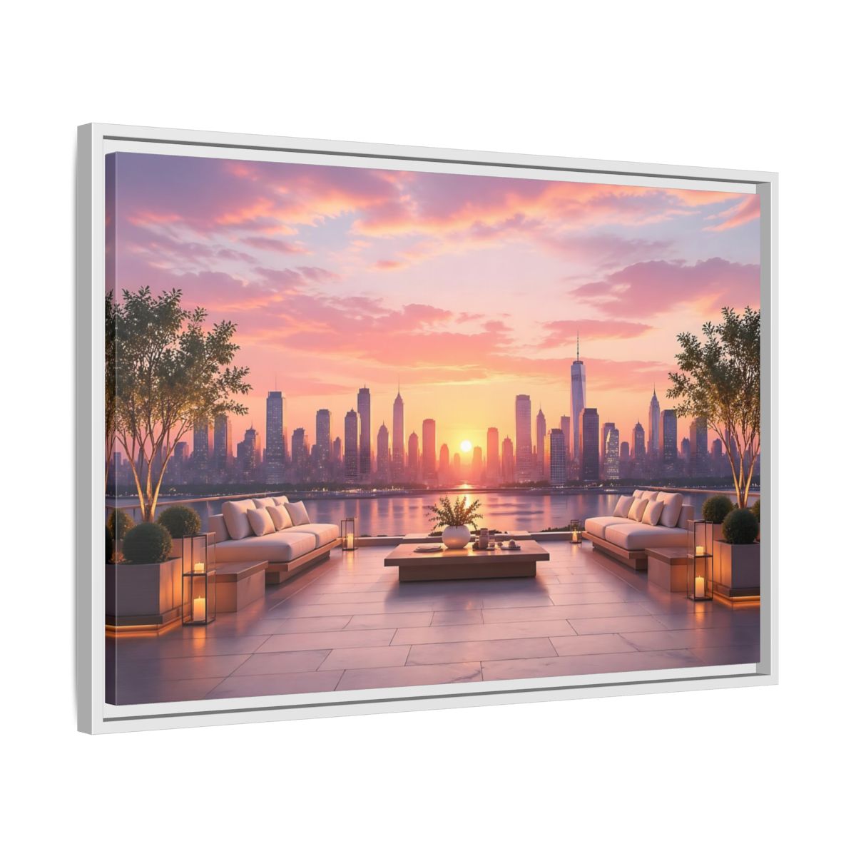 Side Mockup 10. Nature Cityscape Sunset Pink Sunset Cityscape shown as stretched canvas wall art