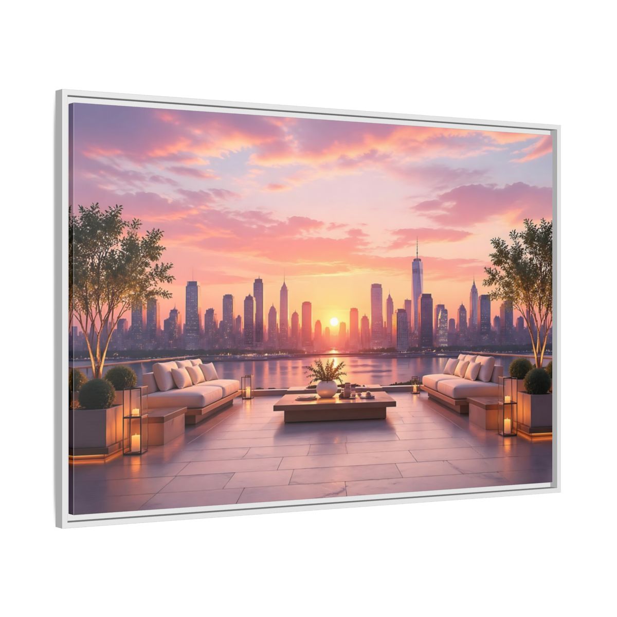 Side Mockup 7. Nature Cityscape Sunset Pink Sunset Cityscape shown as stretched canvas wall art