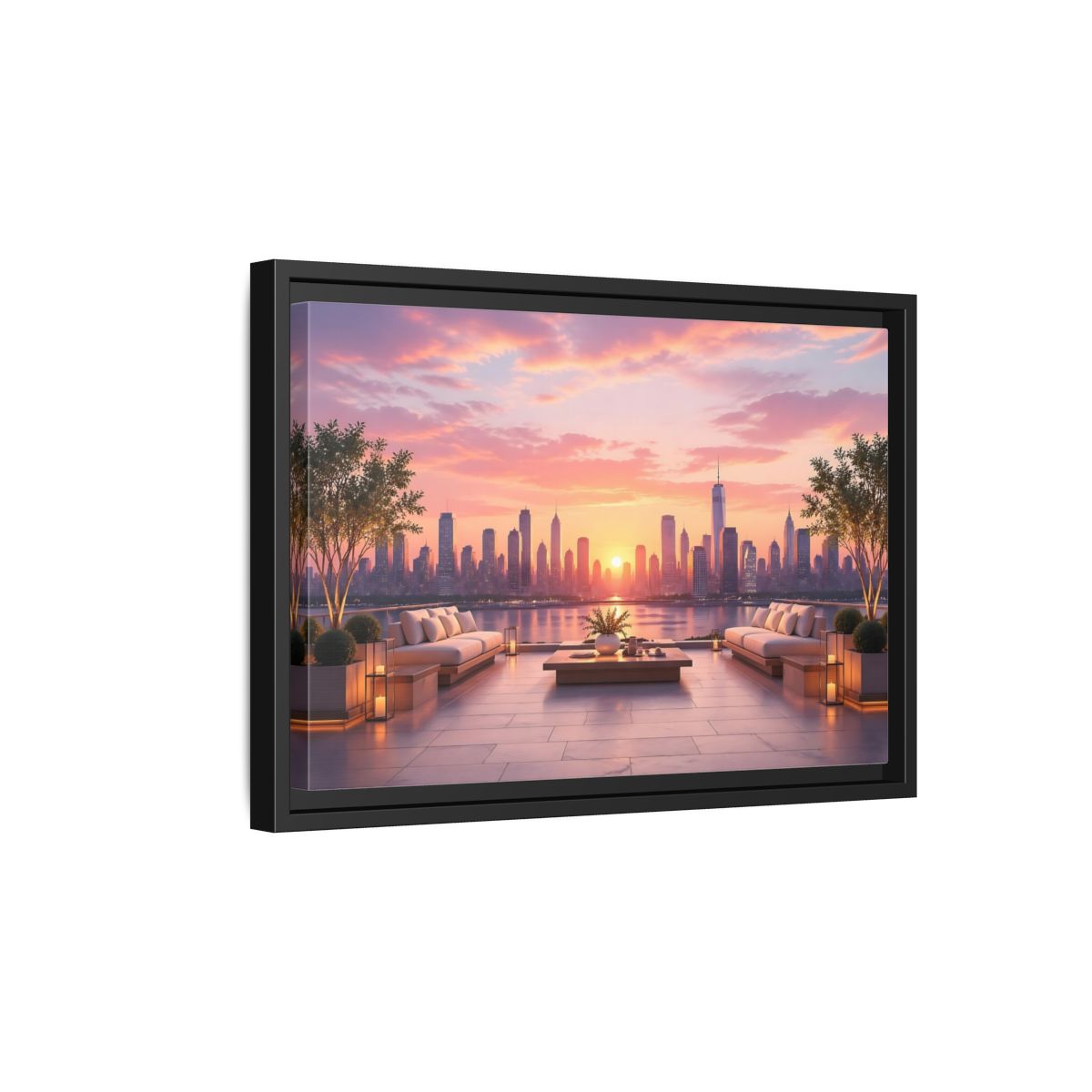 Side Mockup 6. Nature Cityscape Sunset Pink Sunset Cityscape shown as stretched canvas wall art