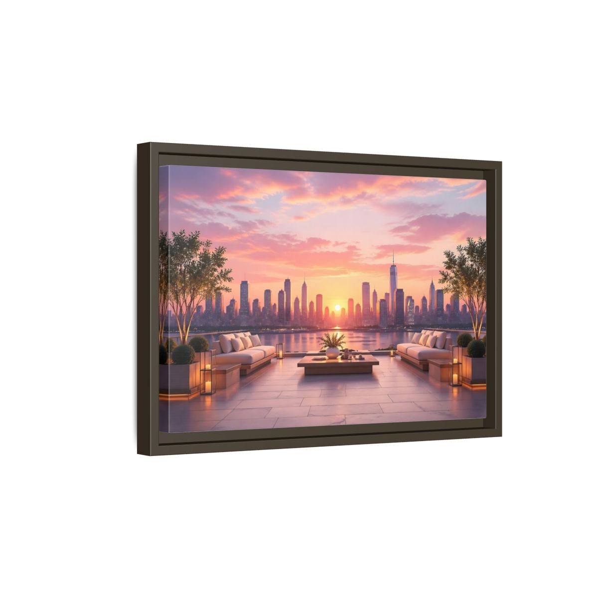 Side Mockup 5. Nature Cityscape Sunset Pink Sunset Cityscape shown as stretched canvas wall art