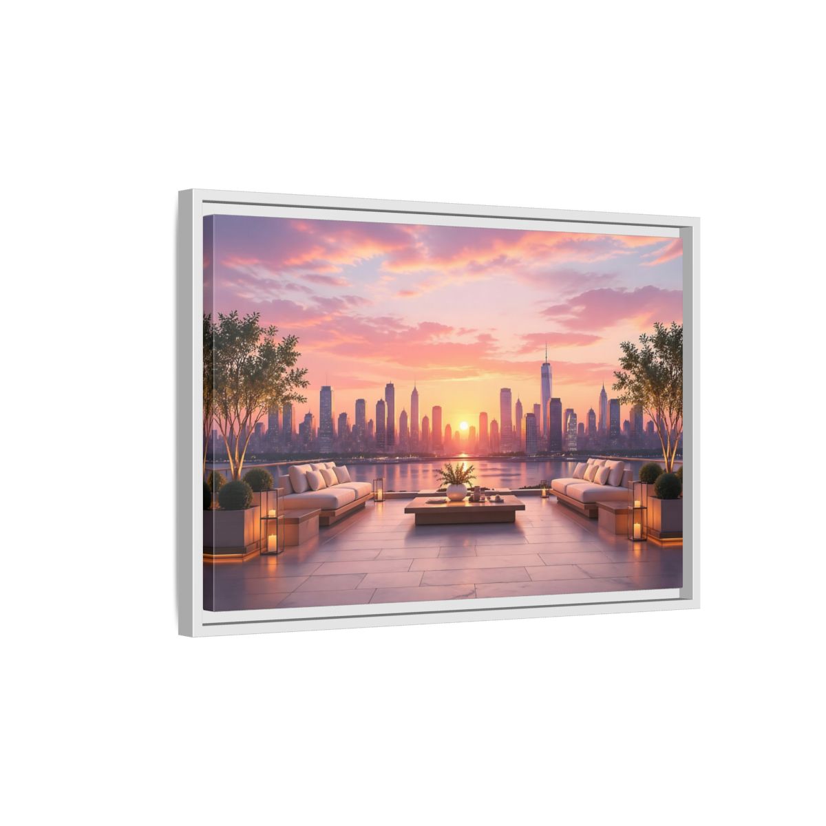 Side Mockup 1. Nature Cityscape Sunset Pink Sunset Cityscape shown as stretched canvas wall art