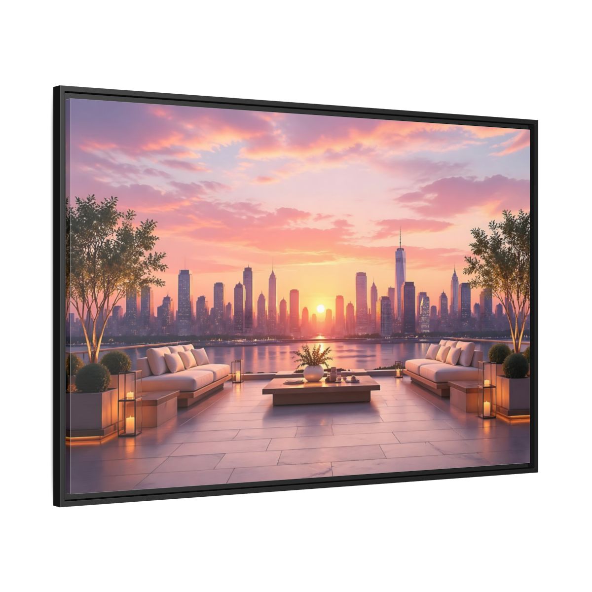 Side Mockup 12. Nature Cityscape Sunset Pink Sunset Cityscape shown as stretched canvas wall art