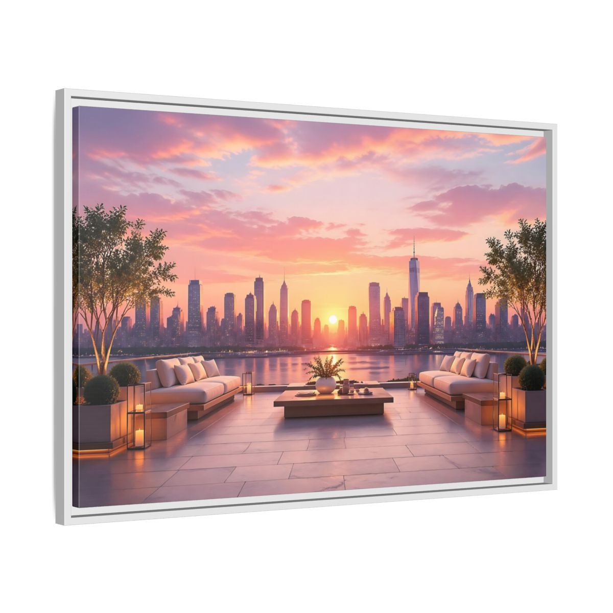 Side Mockup 9. Nature Cityscape Sunset Pink Sunset Cityscape shown as stretched canvas wall art