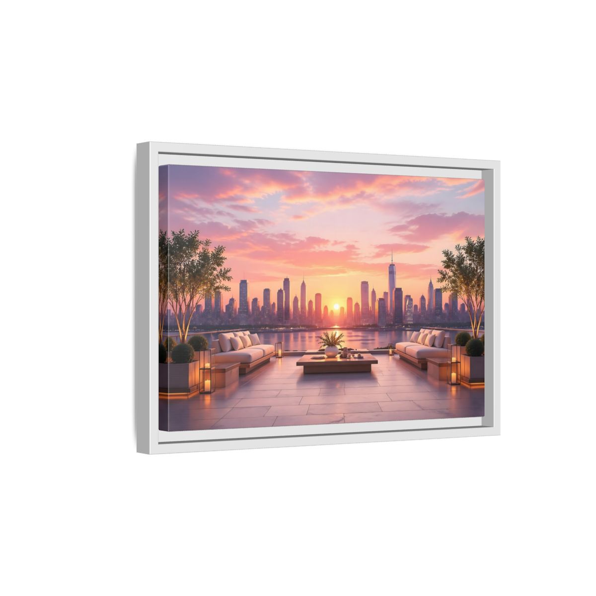 Side Mockup 4. Nature Cityscape Sunset Pink Sunset Cityscape shown as stretched canvas wall art