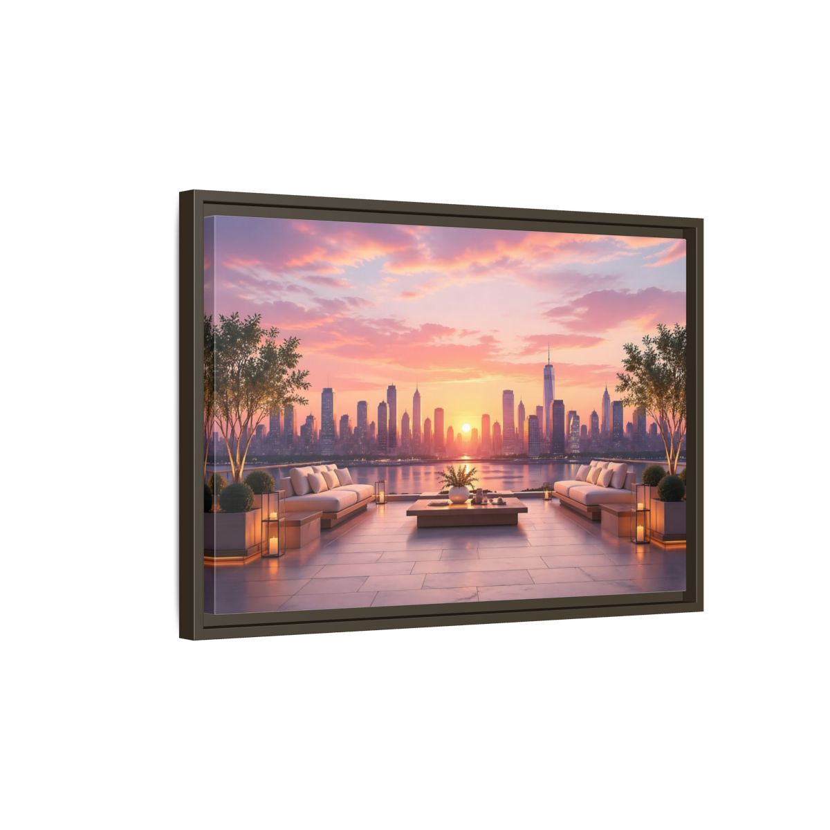 Side Mockup 2. Nature Cityscape Sunset Pink Sunset Cityscape shown as stretched canvas wall art
