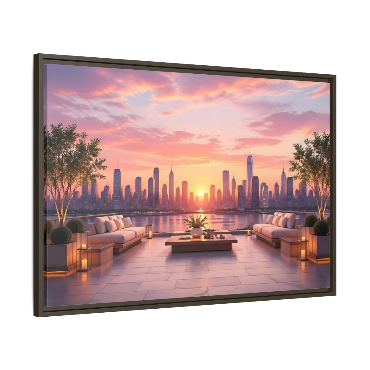 Main Mockup. Nature Cityscape Sunset Pink Sunset Cityscape shown as stretched canvas wall art