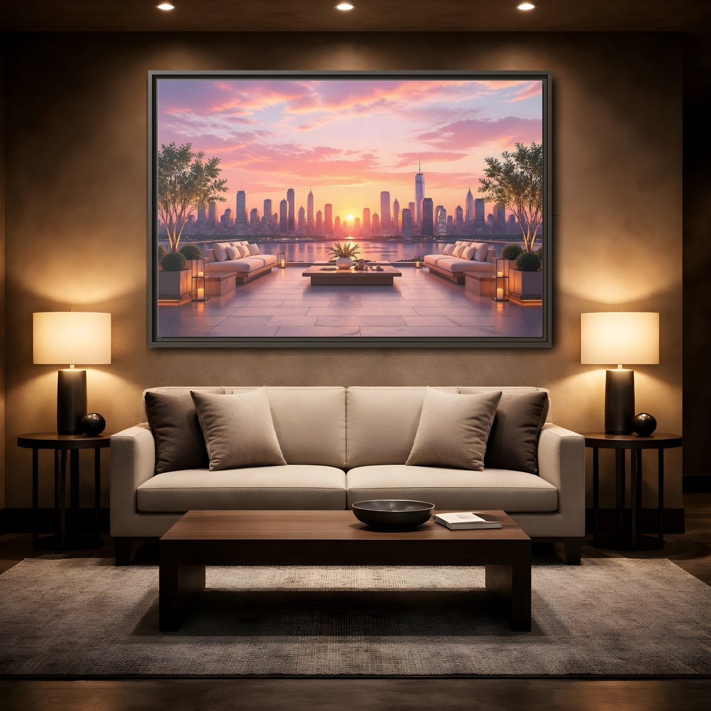 Mockup 2. Nature Cityscape Sunset Pink Sunset Cityscape shown as stretched canvas wall art
