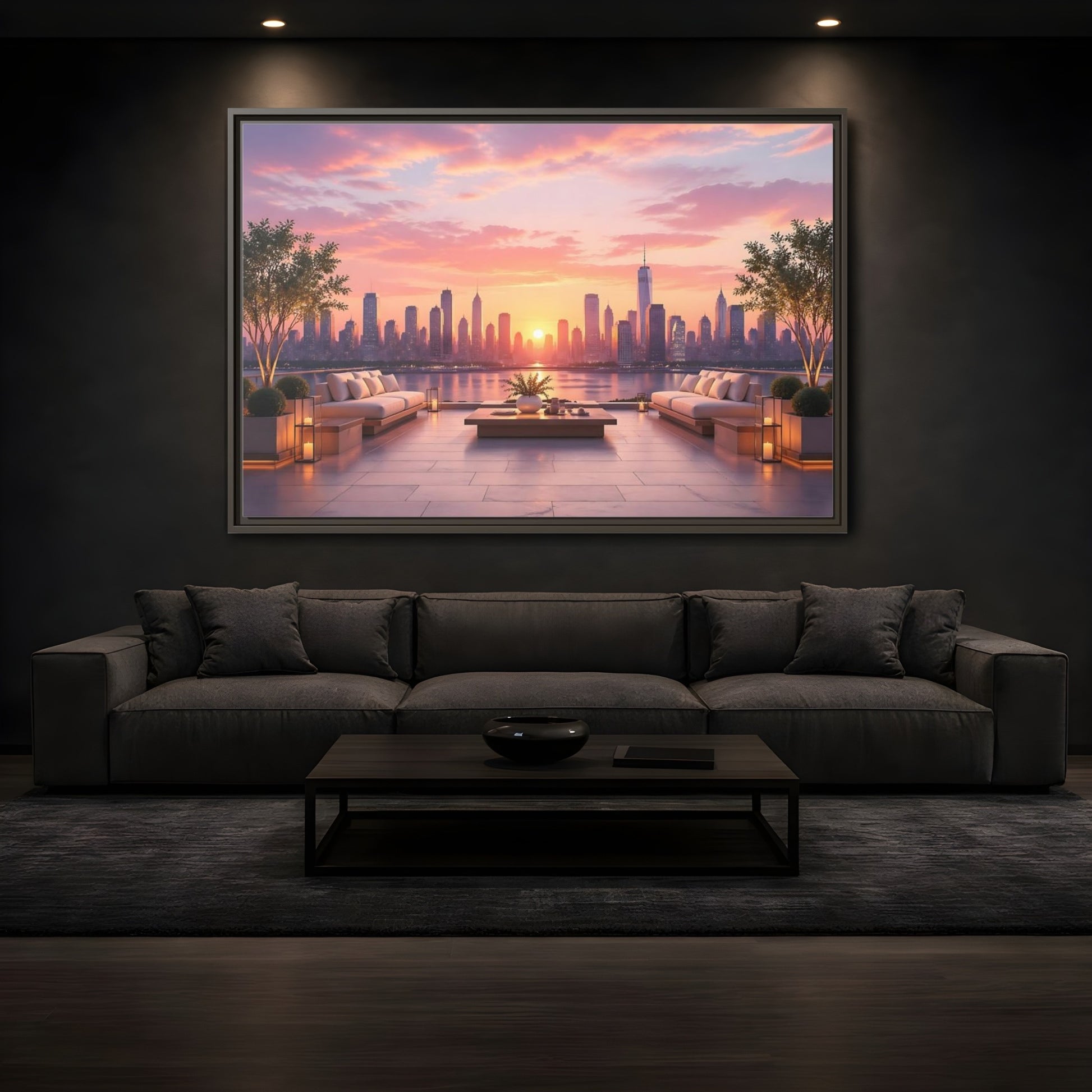 Mockup 3. Nature Cityscape Sunset Pink Sunset Cityscape shown as stretched canvas wall art