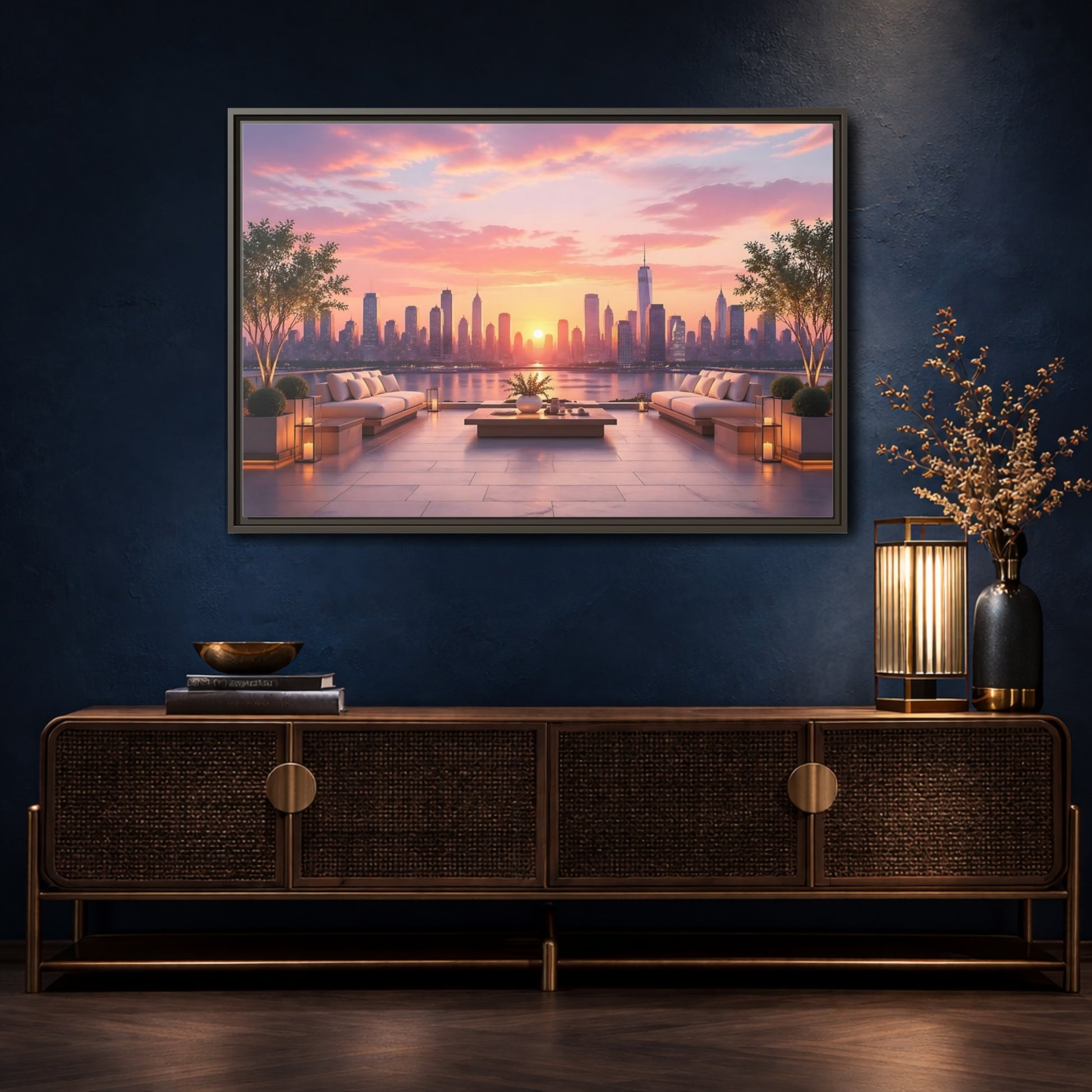 Mockup 4. Nature Cityscape Sunset Pink Sunset Cityscape shown as stretched canvas wall art