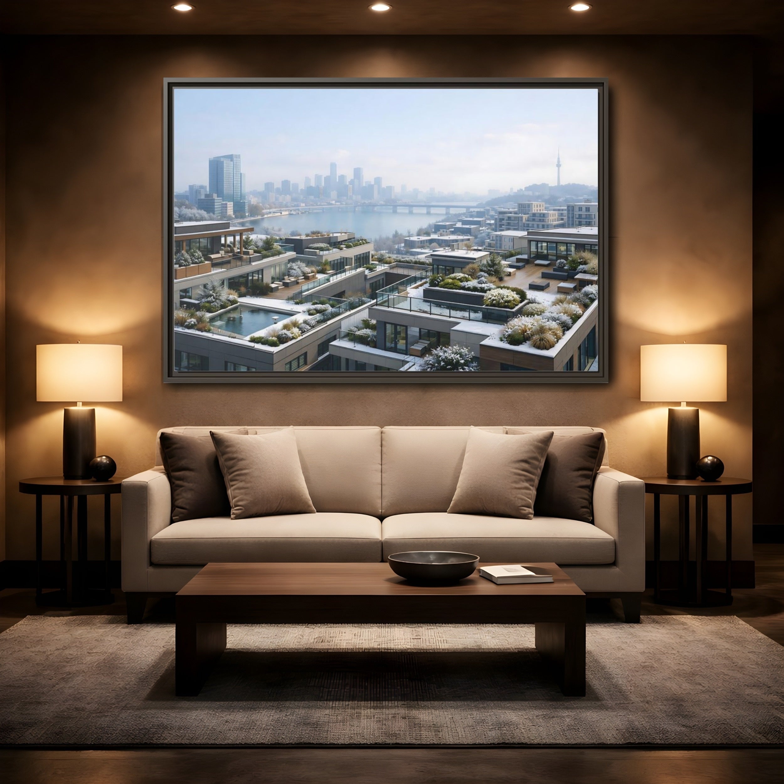 Mockup 2. Nature Cityscape Winter Cityscape shown as stretched canvas wall art