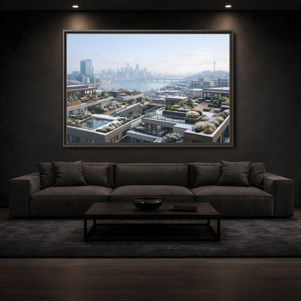 Mockup 3. Nature Cityscape Winter Cityscape shown as stretched canvas wall art