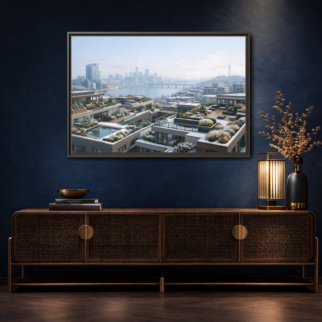 Mockup 4. Nature Cityscape Winter Cityscape shown as stretched canvas wall art