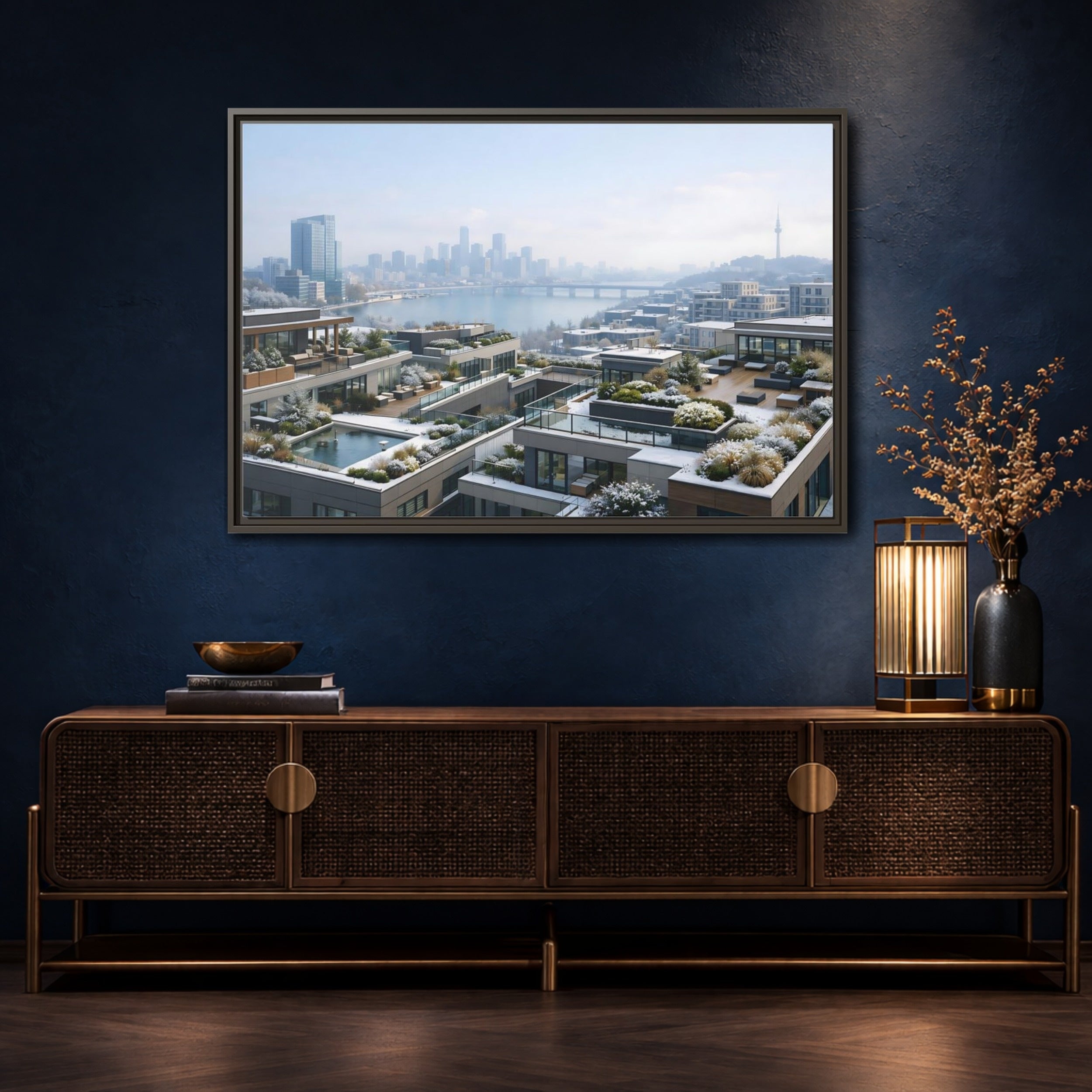 Mockup 4. Nature Cityscape Winter Cityscape shown as stretched canvas wall art