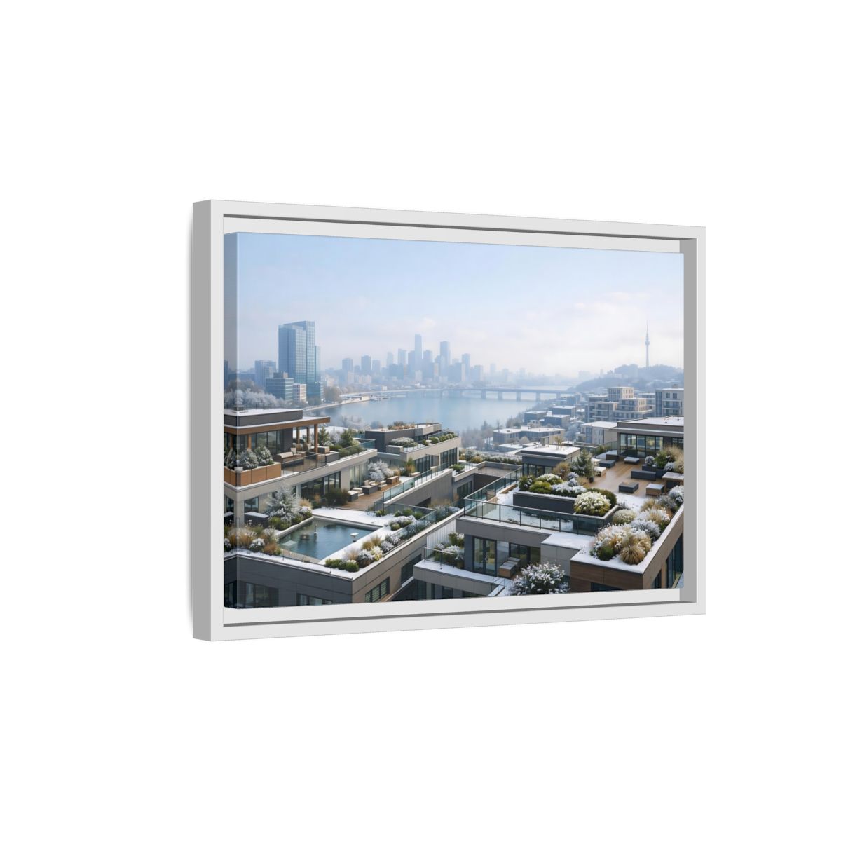 Side Mockup 4. Nature Cityscape Winter Cityscape shown as stretched canvas wall art