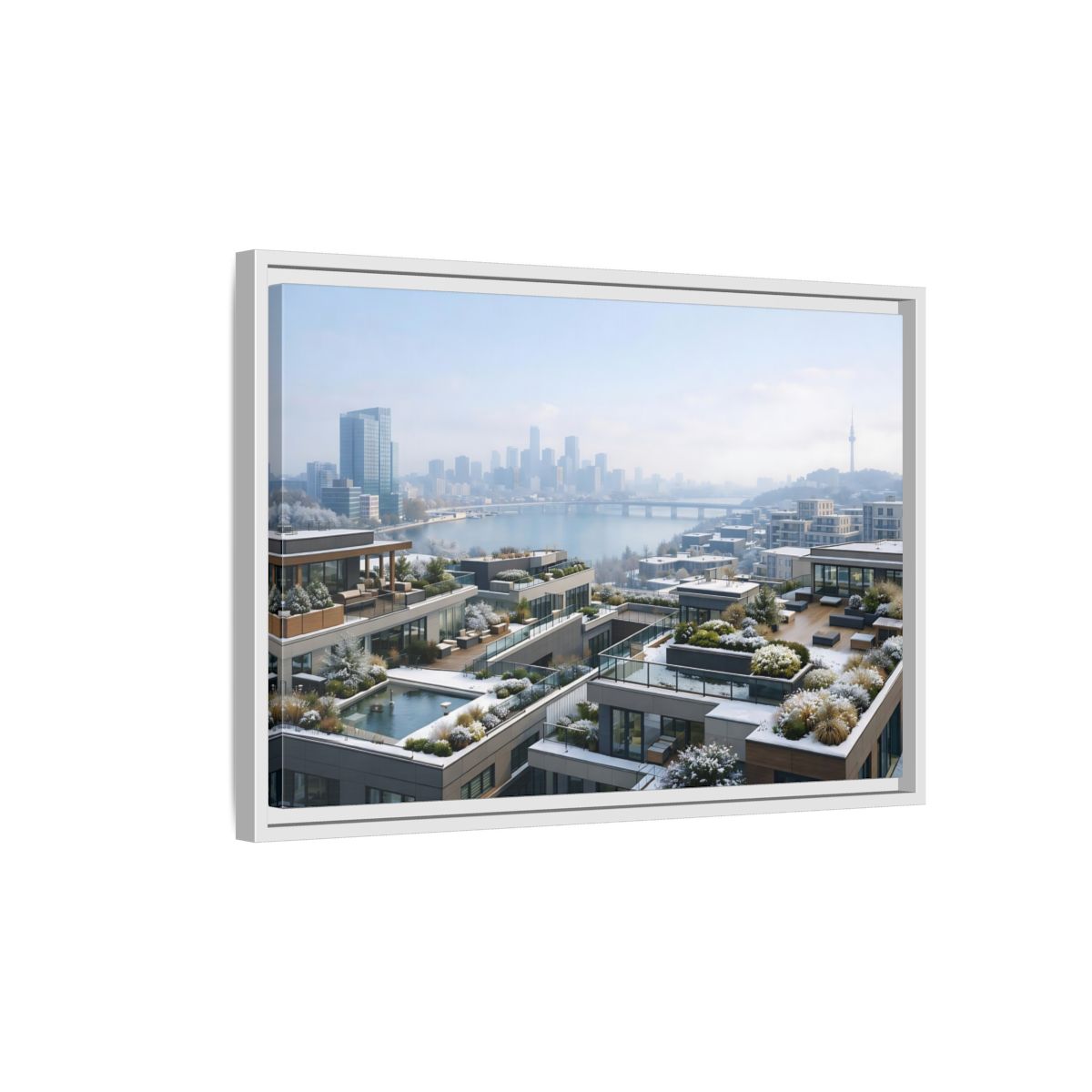 Side Mockup 1. Nature Cityscape Winter Cityscape shown as stretched canvas wall art