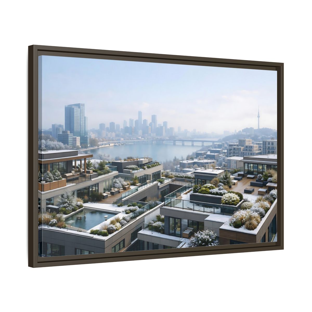 Side Mockup 11. Nature Cityscape Winter Cityscape shown as stretched canvas wall art